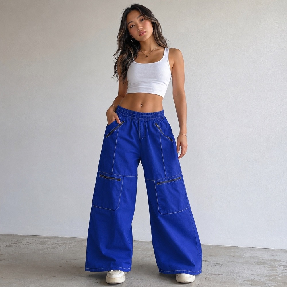 Forever 21 Pants Womens Large Blue Wide Leg Cargo Contrast Stitch Zipper Y2K